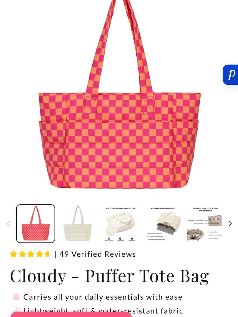 Puffer Tote Bag in Pink and Orange Check